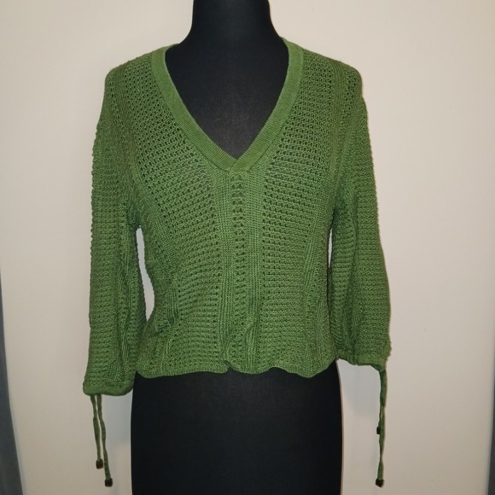 Viviane Furrier Green Knit Sweater Top V Neck 3/4 Sleeve Tie‎ Detail Casual S